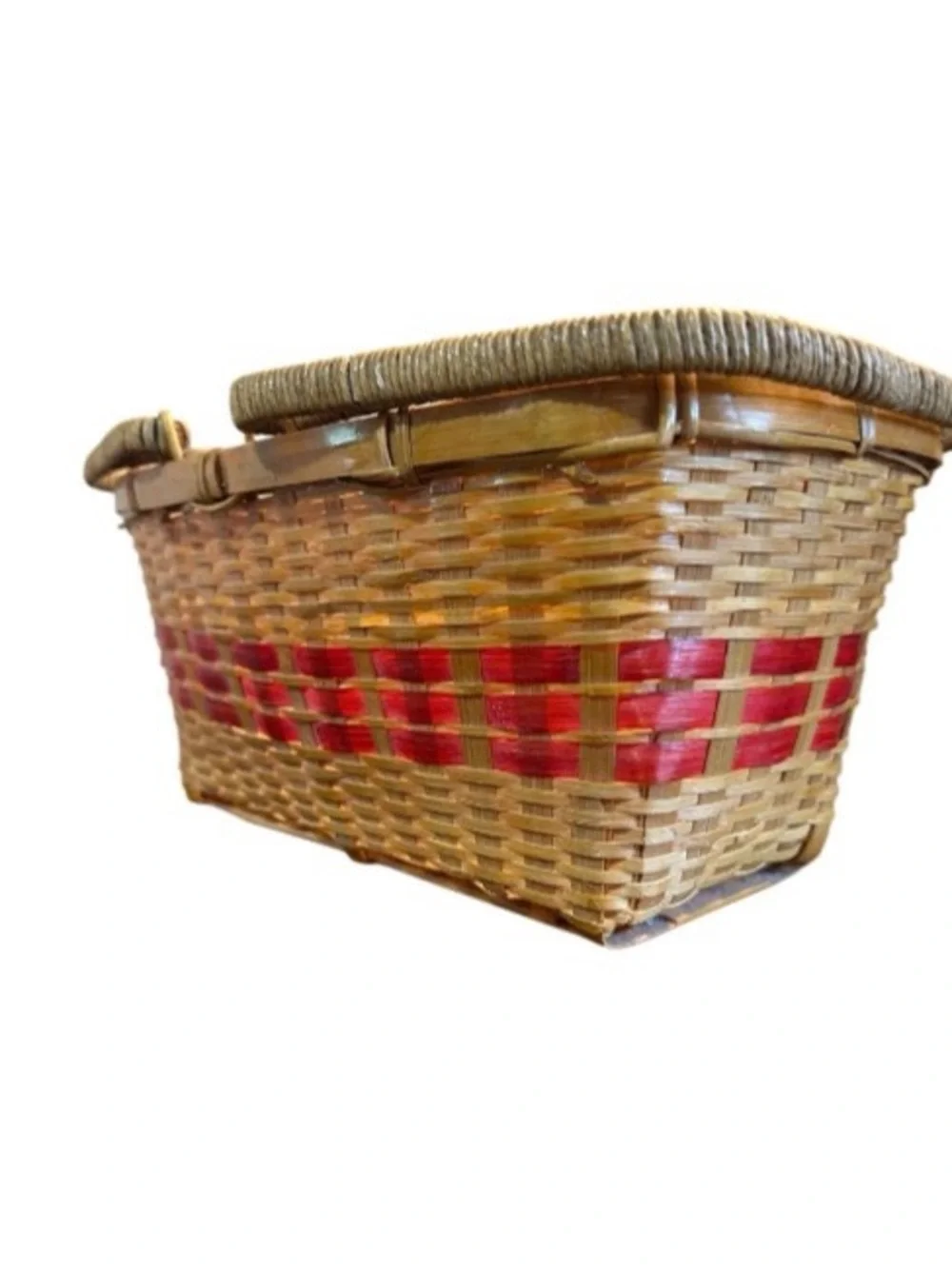 Hand Woven Wicker Basket Double Swing Handles Harvest Basket Red Accent Picnic